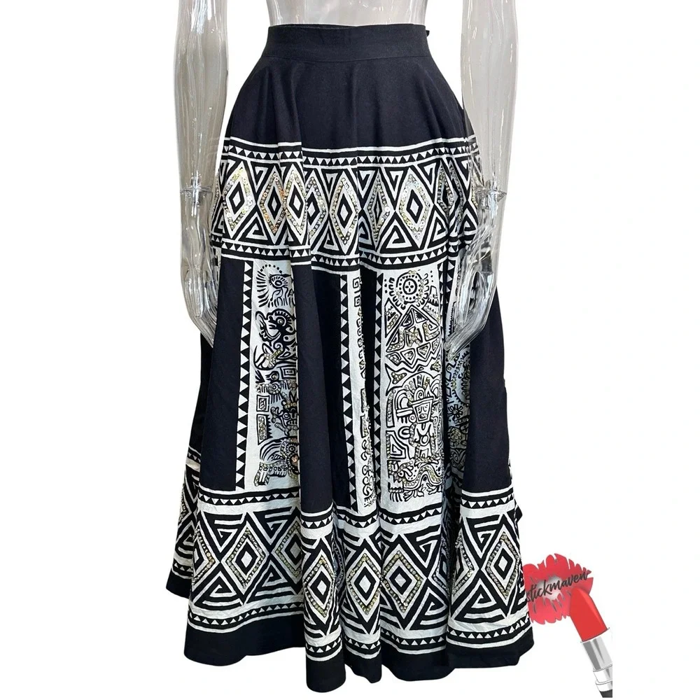 Vintage Cache Circle‎ Skirt Women One Size Black White Sequins Flare Midi Tie On